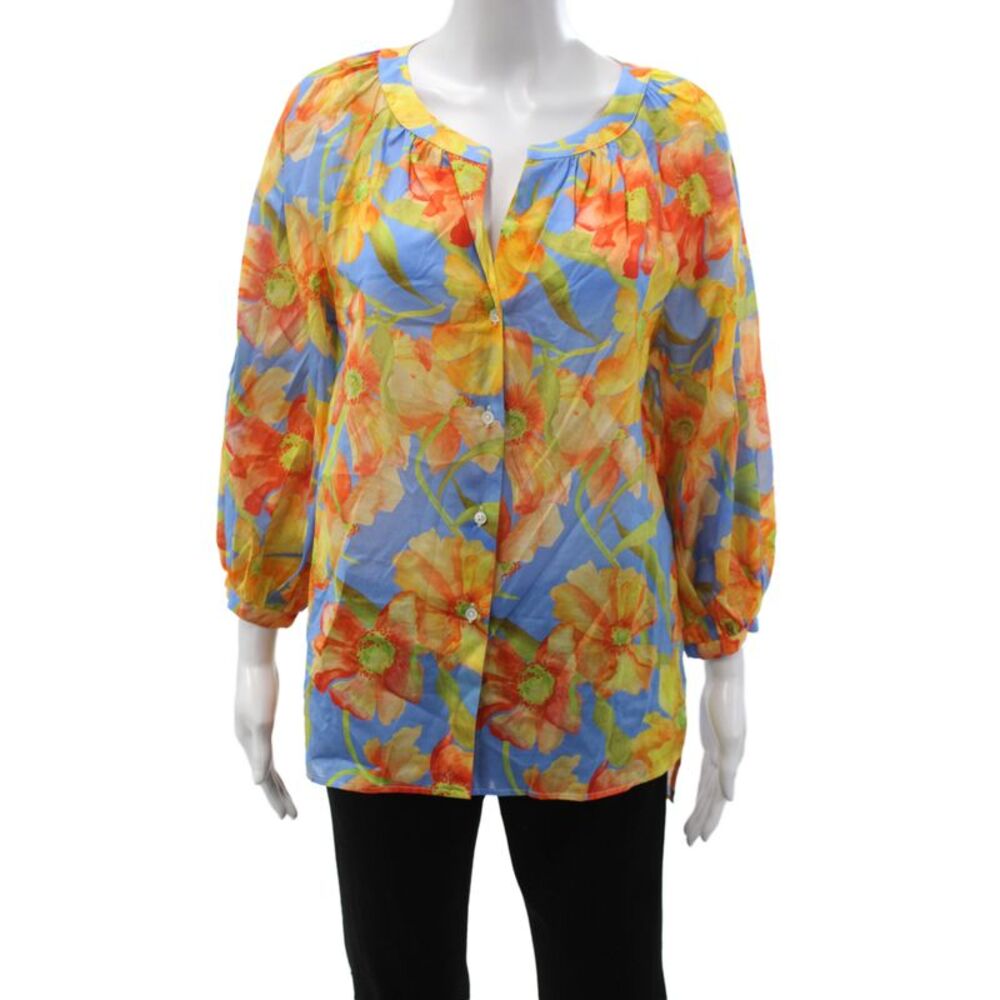 Sara Roka Womens Blue Floral Tunic Blouse 3/4 Sleeve Round Neck Cotton Size 40